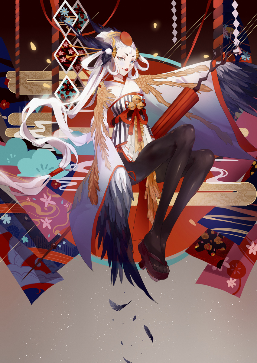 1girl alternate_costume awkoku bell between_legs black_feathers black_legwear closed_mouth comb feathers full_body geta hair_ornament head_wings highres japanese_clothes kimono lipstick long_hair looking_at_viewer makeup onmyoji pantyhose red_lipstick rope sash shimenawa short_eyebrows sitting solo ubume_(onmyoji) very_long_hair white_hair wide_sleeves winged_arms wings