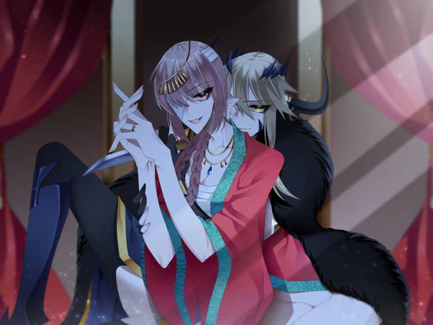 2girls artoria_pendragon_(all) artoria_pendragon_(lancer_alter) bandage_over_one_eye black_legwear blonde_hair breasts cleavage commentary_request divine_princess_of_the_storm fate/grand_order fate_(series) florence_nightingale_(fate/grand_order) fur gloves grin highres hochikass horn_ring horns interlocked_fingers jewelry light long_braid looking_at_viewer multiple_girls necklace ox-demon_king partly_fingerless_gloves pink_eyes pink_hair ring sarashi shadow smile wide_sleeves yellow_eyes yuri