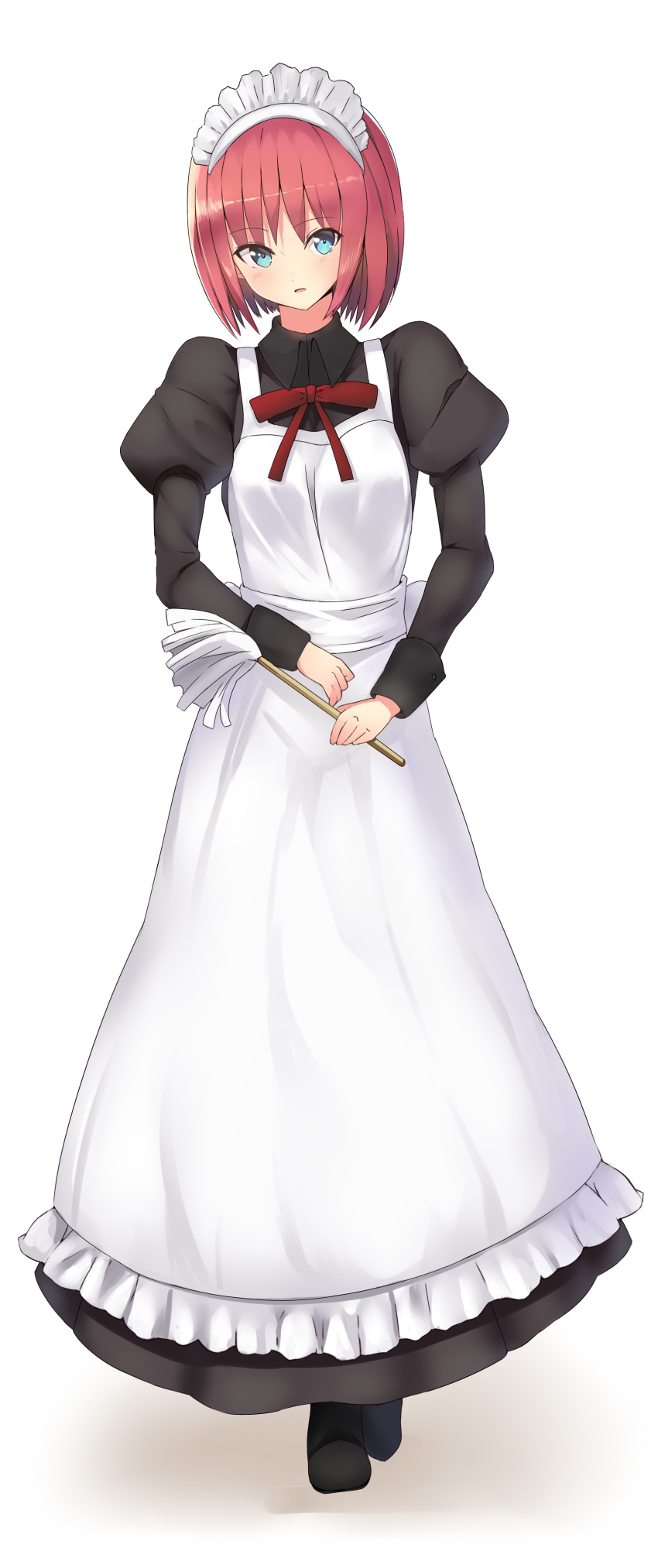 1girl absurdres apron bangs black_dress black_footwear blue_eyes boots bow collared_dress dress duster eyebrows_visible_through_hair frilled_apron frills full_body head_tilt highres hisui holding i.f.s.f juliet_sleeves long_sleeves looking_at_viewer maid maid_apron maid_headdress parted_lips puffy_sleeves red_bow redhead short_hair solo standing tsukihime white_apron white_background