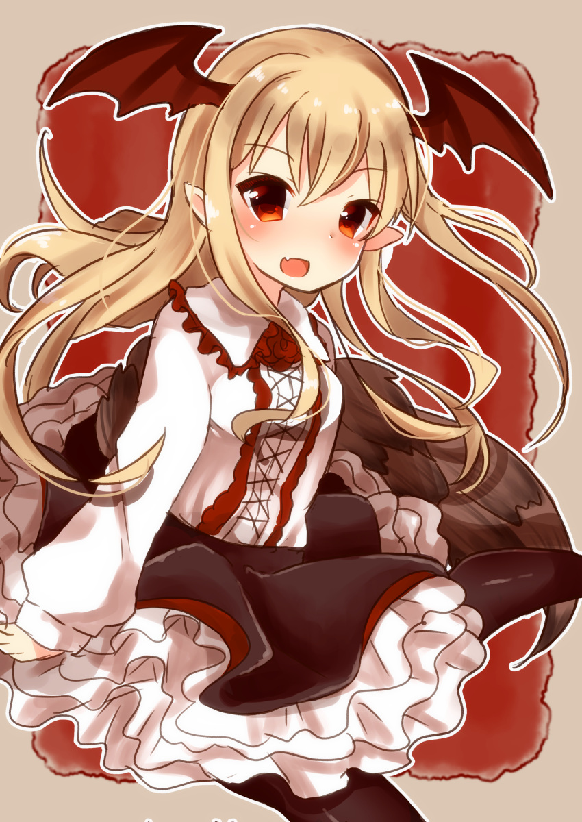 1girl :d absurdres bangs bat_wings black_legwear black_skirt blush breasts brown_background chiitamu collared_shirt commentary_request eyebrows_visible_through_hair fang frilled_shirt_collar frills granblue_fantasy hair_between_eyes head_wings highres long_hair long_sleeves looking_at_viewer medium_breasts open_mouth pantyhose pointy_ears red_eyes red_wings shirt skirt smile solo vampy very_long_hair white_shirt wings