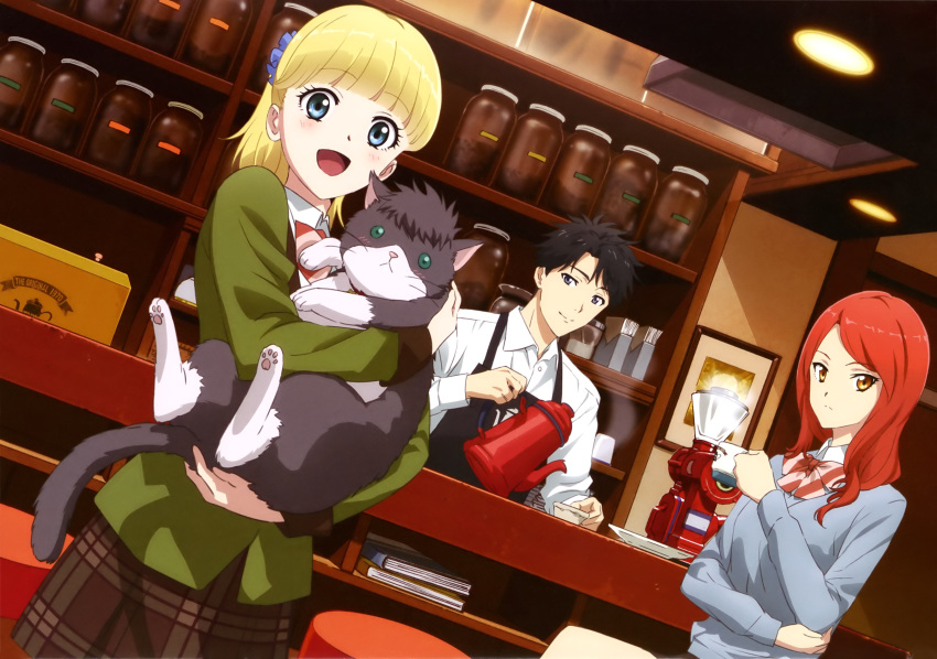 1boy 2girls :d absurdres alexandra_magritte black_apron black_eyes black_hair blonde_hair blue_eyes bow bowtie cat cup dress_shirt dutch_angle eyebrows_visible_through_hair green_jacket highres holding holding_cat holding_cup indoors jacket long_hair looking_at_viewer miniskirt mitsuyoshi_tada multiple_girls nakajima_chiaki open_mouth orange_eyes pleated_skirt redhead shirt short_hair sitting skirt smile standing striped striped_bow striped_neckwear tada-kun_wa_koi_wo_shinai teresa_wagner white_shirt