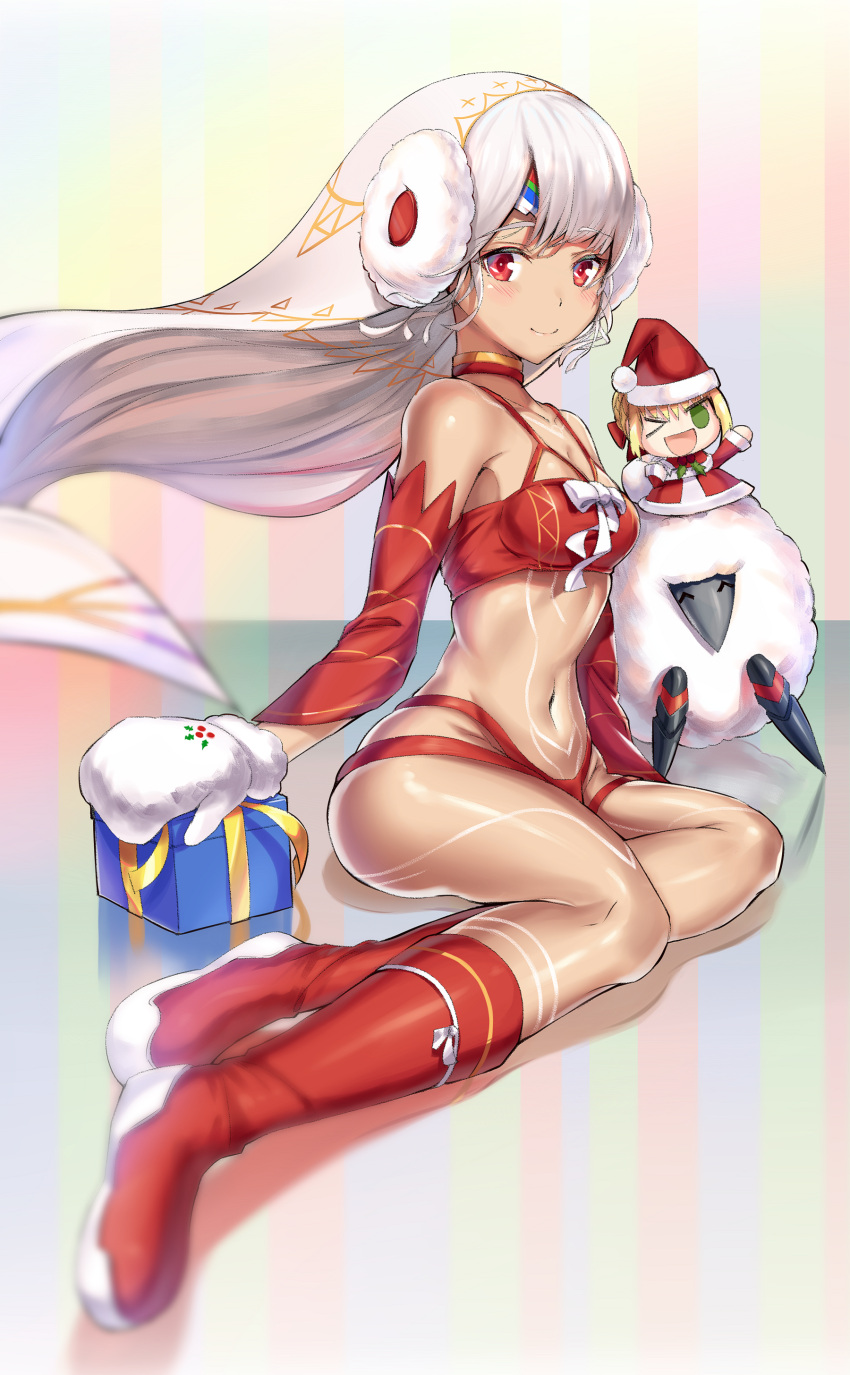 1girl ;d absurdres altera_(fate) altera_the_santa bangs bare_shoulders blonde_hair blush boots bow bra chibi choker dark_skin detached_sleeves earmuffs fate/grand_order fate_(series) full_body green_eyes hat highres long_hair looking_at_viewer minigirl mittens navel nero_claudius_(fate) nero_claudius_(fate)_(all) one_eye_closed open_mouth panties pdxen red_bra red_eyes red_footwear red_panties santa_costume sheep sitting sitting_on_head sitting_on_person smile stomach tattoo underwear veil white_bow white_hair yokozuwari