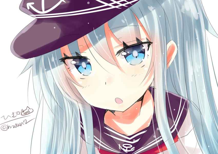 anchor anchor_print blue_eyes dress eyebrows_visible_through_hair hair_between_eyes hat hibiki_(kantai_collection) highres hizaka kantai_collection long_hair looking_at_viewer neckerchief open_mouth peaked_cap sailor_collar sailor_dress sailor_hat school_uniform serafuku silver_hair solo white_background