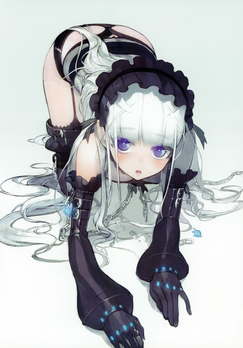 1girl absurdres all_fours black_gloves black_legwear black_panties blue_eyes breasts broken broken_chain chaika_trabant chains cleavage detached_sleeves eyebrows_visible_through_hair full_body garter_straps gloves gradient gradient_background grey_background highres hitsugi_no_chaika long_hair looking_at_viewer namaniku_atk open_mouth panties silver_hair small_breasts solo thigh-highs underwear very_long_hair