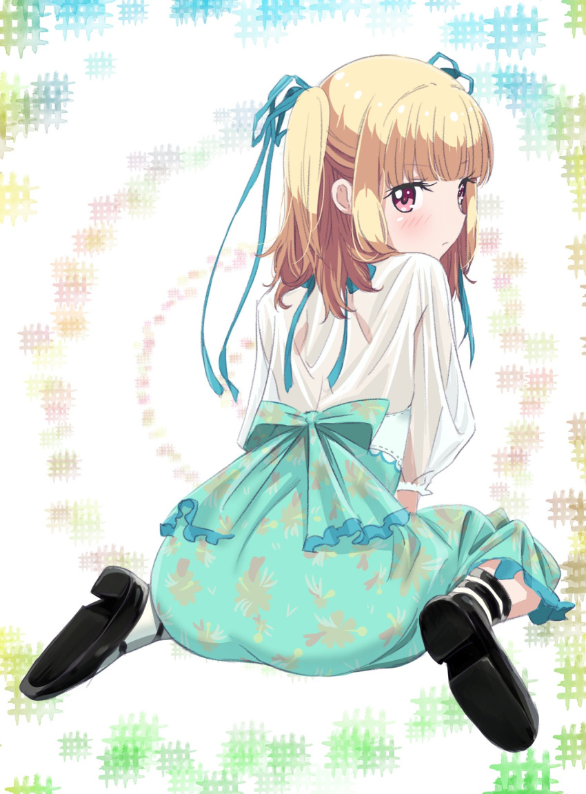1girl aqua_skirt between_legs black_footwear blonde_hair blue_ribbon blush eyebrows_visible_through_hair frilled_skirt frills from_behind full_body hair_ribbon hand_between_legs highres iijima_yun long_hair looking_at_viewer mary_janes new_game! red_eyes ribbon see-through shirt shoes sitting skirt solo twintails white_shirt