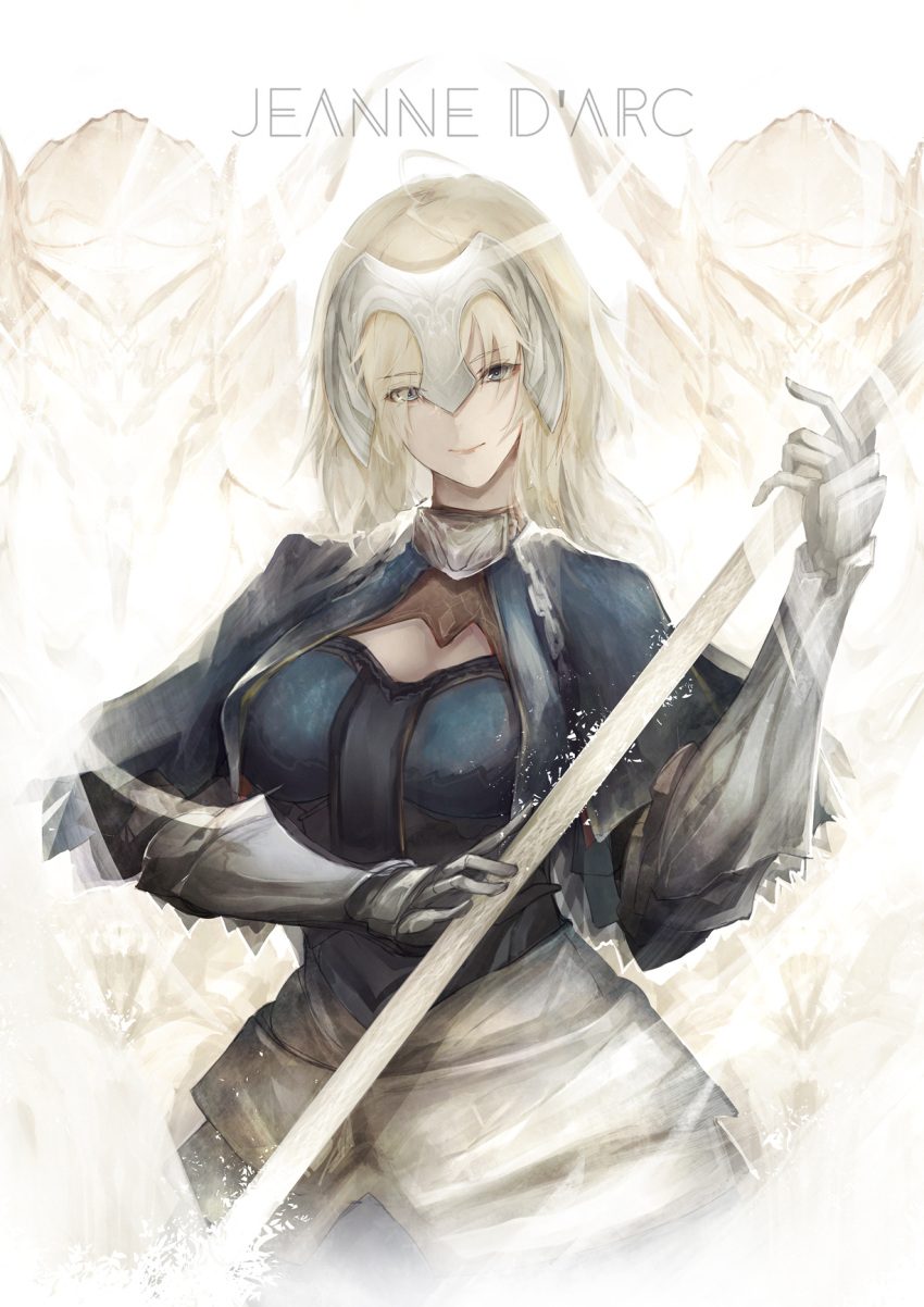 1girl armor armored_dress blonde_hair blue_eyes breasts capelet chains eyes_visible_through_hair fate/apocrypha fate/grand_order fate_(series) faulds flag gauntlets headpiece highres jeanne_d'arc_(fate) jeanne_d'arc_(fate)_(all) knight long_hair looking_at_viewer marumoru medium_breasts plackart solo standard_bearer