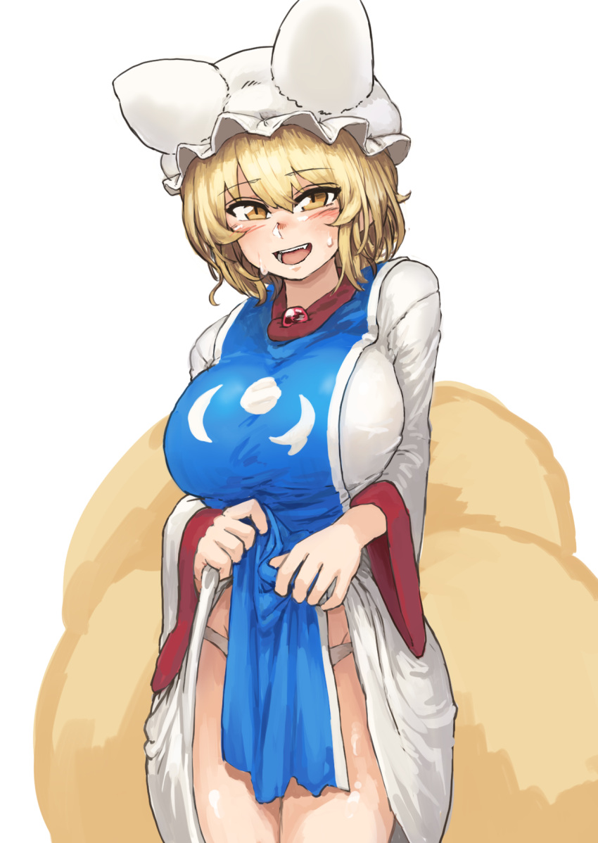 1girl animal_ears blonde_hair blush breasts chanta_(ayatakaoisii) clothes_lift commentary_request cowboy_shot dress dress_lift extra_ears fox_ears fox_tail hat highres huge_breasts lifted_by_self looking_at_viewer multiple_tails open_mouth panties pillow_hat plump slit_pupils solo standing sweatdrop tabard tail thick_thighs thighs touhou underwear white_dress white_panties wide_hips wide_sleeves yakumo_ran
