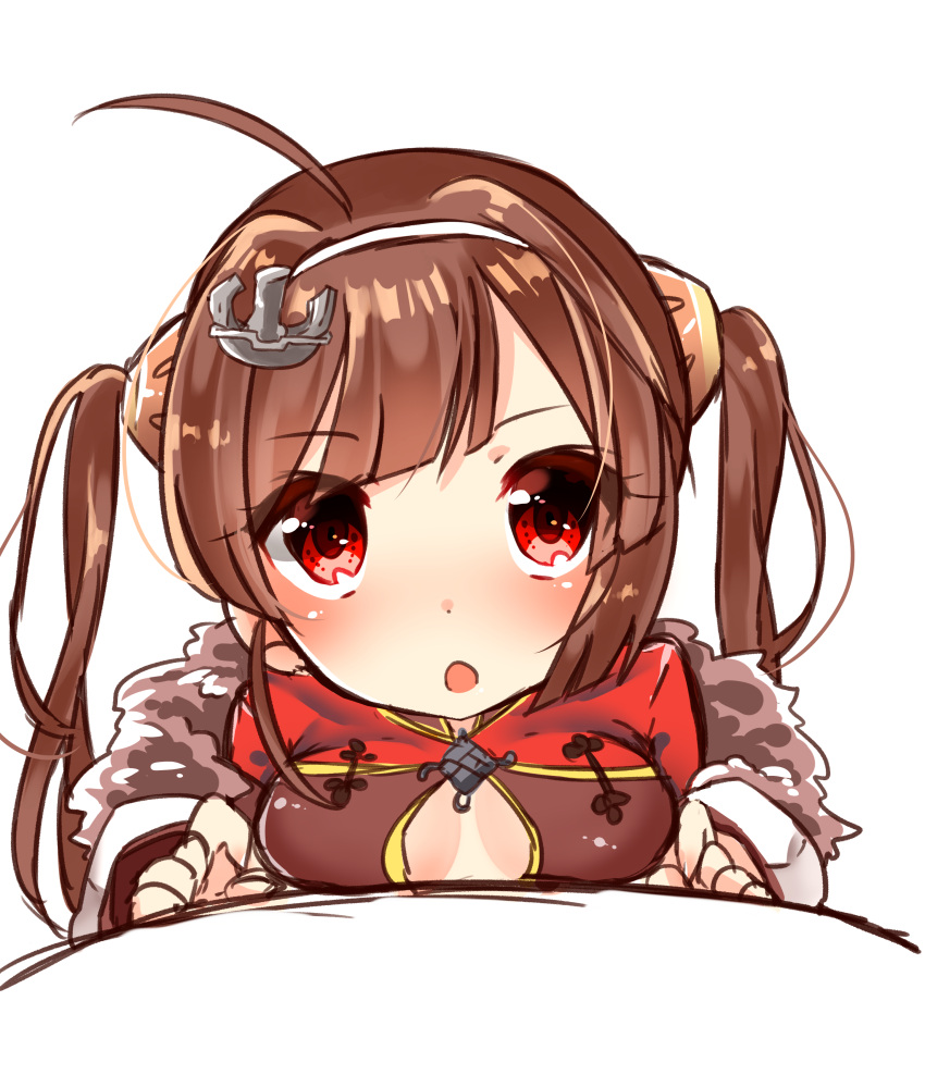 1girl :o absurdres ahoge anchor_hair_ornament azur_lane bangs blush breast_press breasts brown_hair chiitamu china_dress chinese_clothes cleavage_cutout dress eyebrows_visible_through_hair fur-trimmed_jacket fur_trim hair_ornament hairband hairpods head_tilt highres jacket long_hair long_sleeves looking_at_viewer medium_breasts parted_lips ping_hai_(azur_lane) puffy_long_sleeves puffy_sleeves red_dress red_eyes short_sleeves simple_background sketch solo twintails very_long_hair white_background white_hairband white_jacket