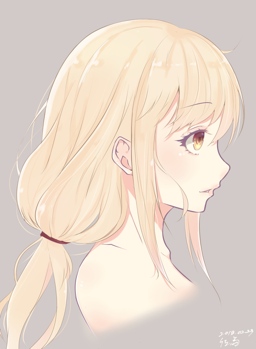 1girl bangs blonde_hair dated eyebrows_visible_through_hair face from_side futaba_anzu grey_background highres idolmaster idolmaster_cinderella_girls idolmaster_cinderella_girls_starlight_stage jewelry lips low_twintails parted_lips profile sai_(saipoko) signature solo twintails