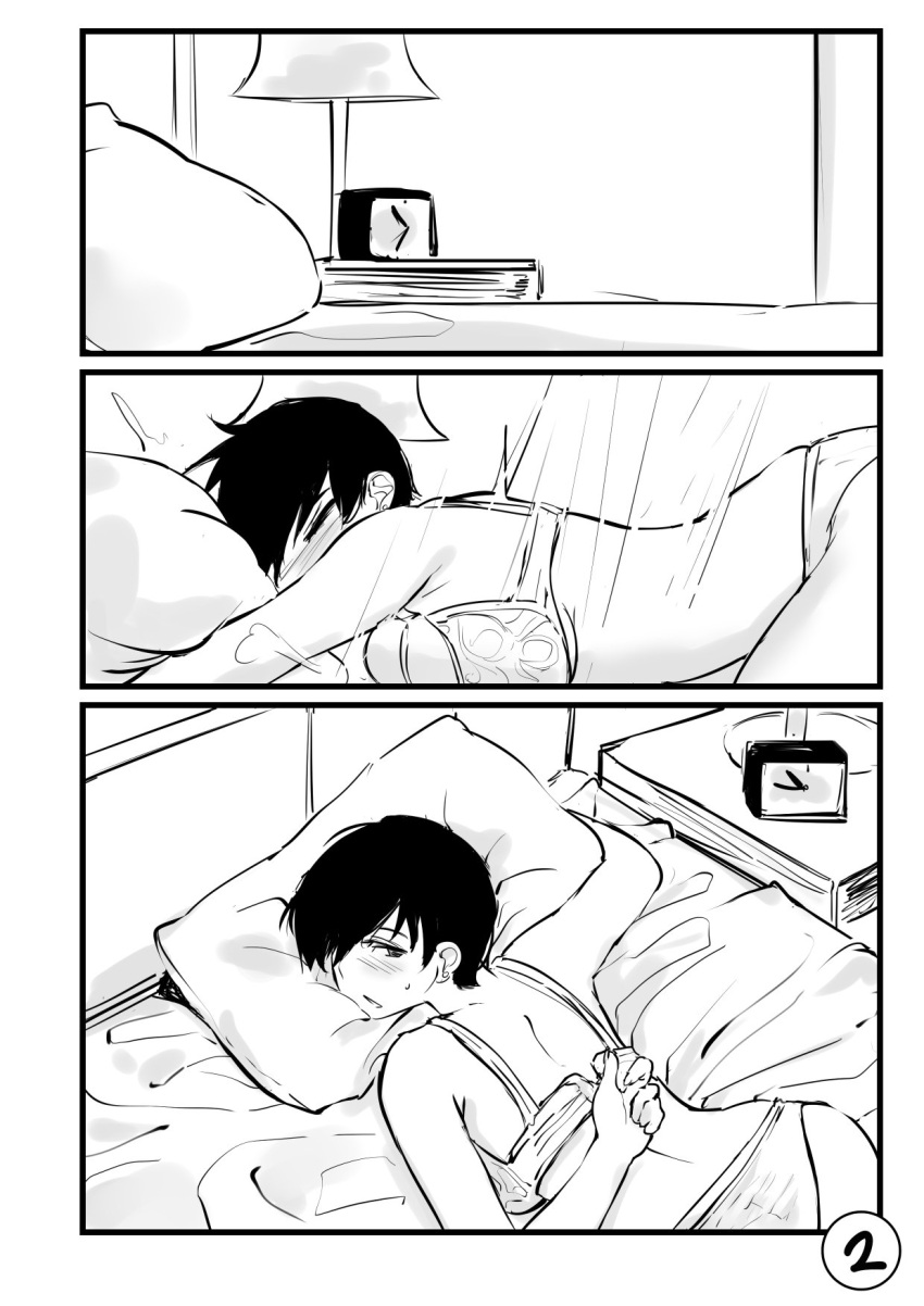 1girl 3koma bare_shoulders bed bra breasts clock comic greyscale hair_over_one_eye highres large_breasts monochrome norman_maggot ol-chan_(norman_maggot) original pillow short_hair sleepy solo underwear underwear_only