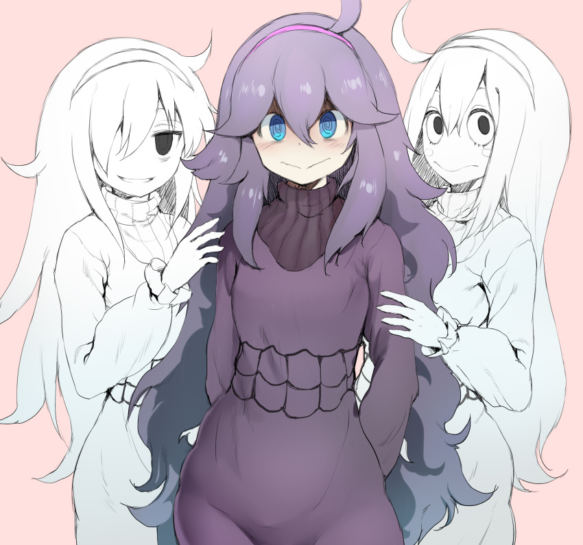 3girls :&gt; @_@ ahoge al_bhed_eyes alternate_breast_size asui_tsuyu bags_under_eyes blush boku_no_hero_academia commentary cosplay crossover frog_girl girl_sandwich greyscale hair_over_one_eye hairband hex_maniac_(pokemon) hex_maniac_(pokemon)_(cosplay) highres kedamono_kangoku-tou kuroki_tomoko long_hair messy_hair monochrome multiple_crossover multiple_girls necktie pink_background pokemon pokemon_(game) pokemon_xy ribbed_sweater sandwiched simple_background spot_color sweater trait_connection watashi_ga_motenai_no_wa_dou_kangaetemo_omaera_ga_warui!