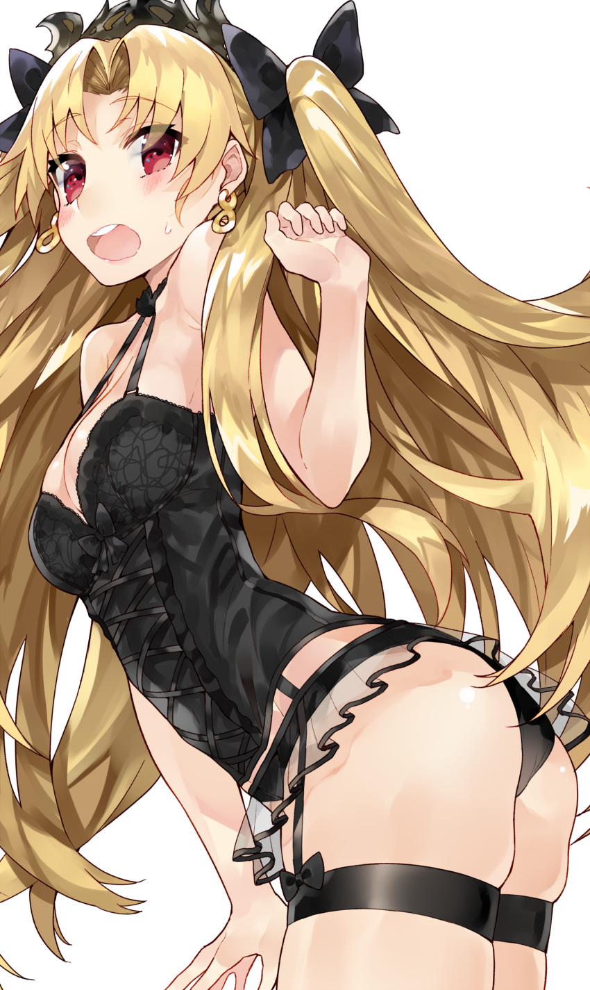 1girl absurdres ass bangs bare_arms bare_shoulders black_bow black_panties black_ribbon blonde_hair blush bow breasts bustier cleavage cowboy_shot earrings ereshkigal_(fate/grand_order) eyebrows_visible_through_hair fate/grand_order fate_(series) garter_straps hair_bow hair_ribbon hand_up highres infinity jewelry kou_mashiro leaning_forward long_hair looking_at_viewer medium_breasts open_mouth panties parted_bangs red_eyes ribbon round_teeth shiny shiny_hair simple_background skindentation solo standing sweat tareme teeth thigh_strap tiara two_side_up underwear underwear_only upper_teeth very_long_hair white_background