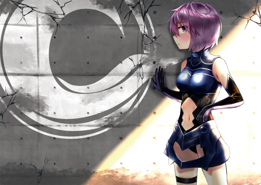 1girl black_dress black_gloves closed_mouth cowboy_shot day dress elbow_gloves emblem enogaki eyebrows_visible_through_hair eyes_visible_through_hair fate/grand_order fate_(series) from_side garters gloves hair_over_one_eye highres looking_at_viewer mash_kyrielight navel navel_cutout no_eyewear purple_hair short_dress short_hair sleeveless solo standing violet_eyes