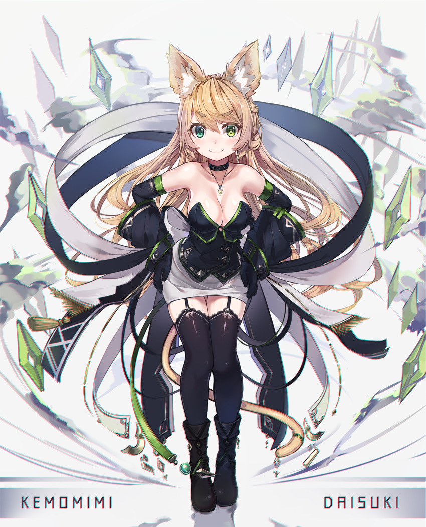 1girl animal_ears aqua_eyes bangs bare_shoulders black_footwear black_gloves black_legwear blonde_hair boots braid breasts choker cleavage collarbone elbow_gloves eyebrows_visible_through_hair french_braid full_body garter_straps gloves green_eyes hagoromo half_updo hands_on_hips heterochromia highres jewelry leaning_forward long_hair looking_at_viewer medium_breasts natori_youkai necklace original pencil_skirt shawl skirt sleeveless smile solo standing tail thick_eyebrows thigh-highs white_skirt