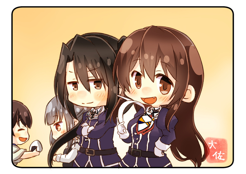 4girls :d ^_^ ^o^ artist_name ashigara_(kantai_collection) belt belt_buckle black_dress black_hair brown_eyes brown_hair buckle chibi closed_eyes commentary_request dress fang food gloves grey_hair hair_between_eyes jacket japanese_clothes kaga_(kantai_collection) kantai_collection kasumi_(kantai_collection) long_hair long_sleeves military military_uniform multiple_girls nachi_(kantai_collection) onigiri open_mouth pinafore_dress purple_jacket remodel_(kantai_collection) revision shirt short_hair side_ponytail smile taisa_(kari) uniform white_gloves white_shirt