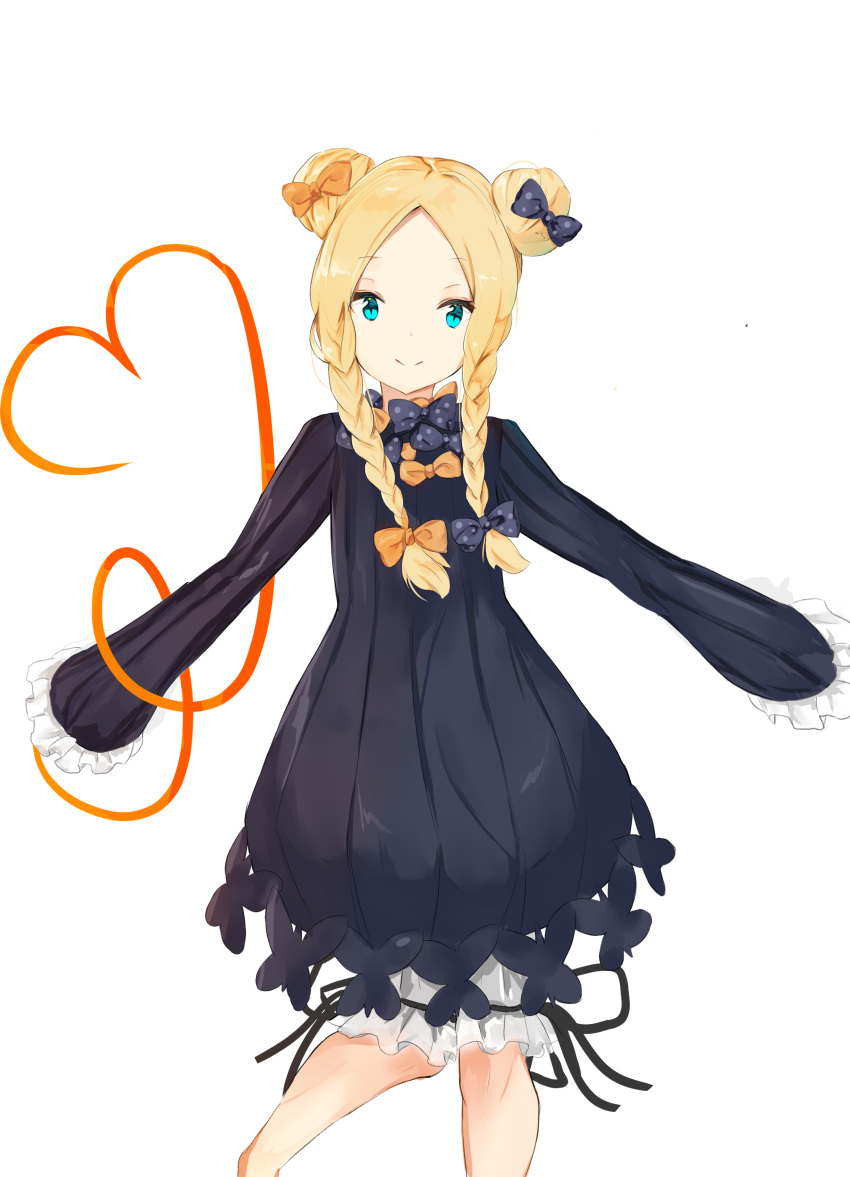 1girl abigail_williams_(fate/grand_order) absurdres alternate_costume bangs black_bow black_dress blonde_hair blood blue_eyes bow braid butterfly closed_mouth commentary_request double_bun dress eyebrows_visible_through_hair fate/grand_order fate_(series) forehead hair_bow head_tilt heart highres long_hair long_sleeves low_twintails orange_bow parted_bangs polka_dot polka_dot_bow side_bun sleeves_past_fingers sleeves_past_wrists smile solo twin_braids twintails white_background white_bloomers yukaa