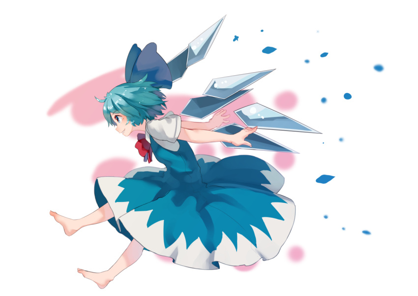 1girl ahoge barefoot blue_bow blue_eyes blue_hair blush bow bowtie cirno detached_wings dress from_side full_body grin hair_bow hashiro ice ice_wings leaning_forward pinafore_dress profile red_bow red_neckwear shiny shiny_hair shirt short_hair short_sleeves smile solo tareme teeth touhou two-tone_background white_shirt wings