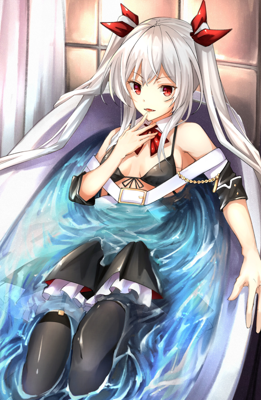 1girl azur_lane bangs bath bathtub belt_buckle bikini_top black_bikini_top black_dress black_legwear buckle commentary_request detached_sleeves dress eyebrows_visible_through_hair fangs front-tie_bikini front-tie_top garter_straps hair_between_eyes hair_ribbon highres long_hair looking_at_viewer parted_lips partially_submerged red_eyes red_ribbon ribbon rusi short_sleeves silver_hair solo thigh-highs twintails vampire_(azur_lane) very_long_hair water white_belt