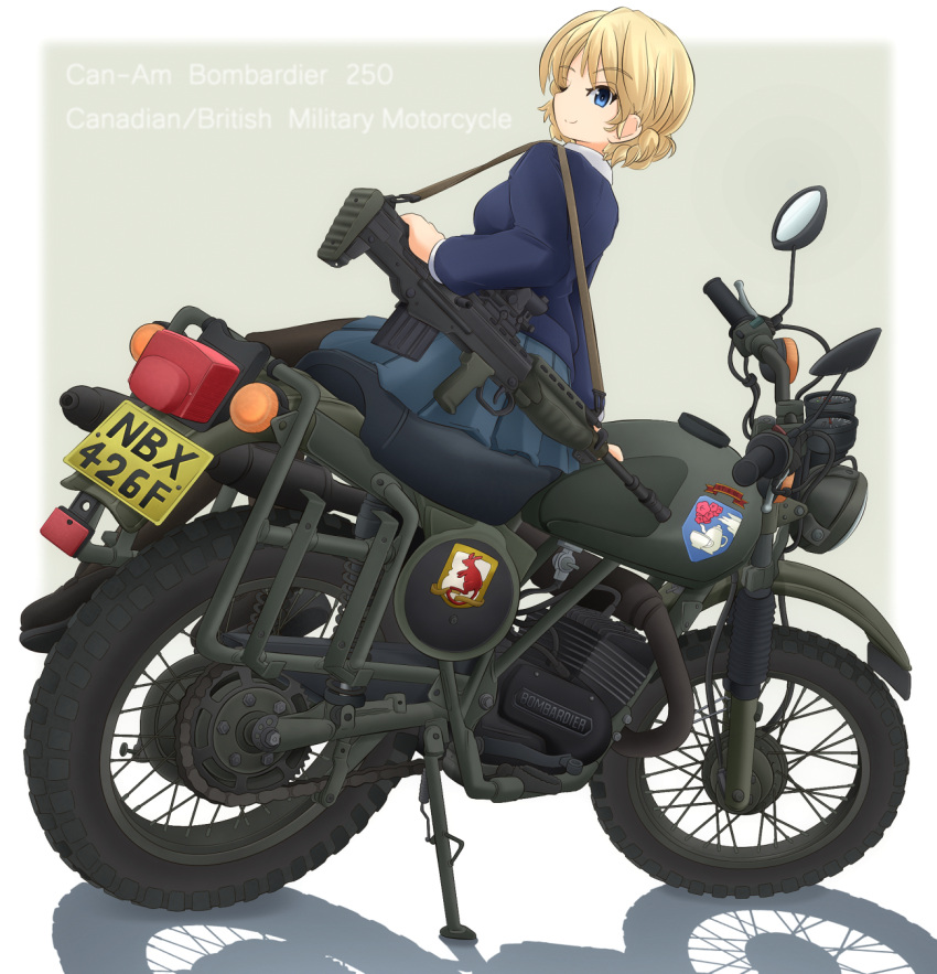 1girl bangs black_footwear black_legwear blonde_hair blue_eyes blue_skirt blue_sweater braid can-am_bombardier_250 carrying closed_mouth commentary_request darjeeling dress_shirt emblem english eyebrows_visible_through_hair from_behind girls_und_panzer gradient gradient_background green_background ground_vehicle gun highres ichigotofu loafers logo long_sleeves looking_at_viewer looking_back machine_gun military military_vehicle miniskirt motor_vehicle motorcycle pantyhose pleated_skirt school_uniform shadow shirt shoes short_hair sitting skirt smile solo st._gloriana's_(emblem) st._gloriana's_school_uniform sweater tied_hair twin_braids weapon weapon_request white_shirt