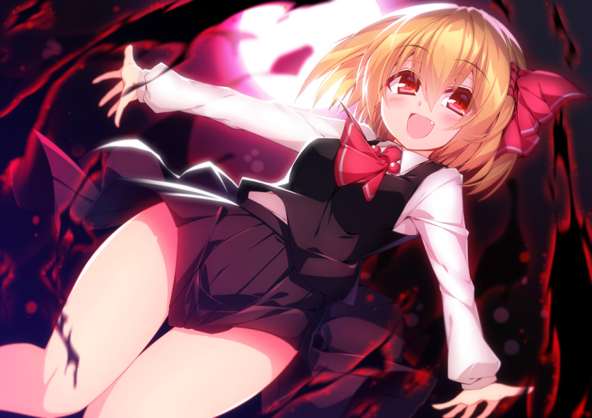 1girl ascot bare_legs black_skirt blonde_hair darkness eyebrows_visible_through_hair fang full_moon hair_between_eyes hair_ribbon long_sleeves looking_at_viewer miniskirt moon night outdoors outstretched_arms red_eyes red_moon red_neckwear red_ribbon ribbon rumia sakurame skirt skirt_set smile solo touhou vest