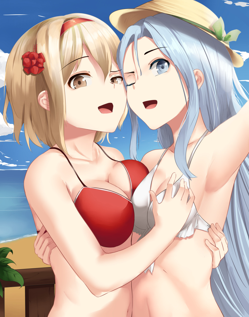 2girls armpits beach bikini blonde_hair blue_eyes blue_hair breast_grab breasts brown_eyes cheek-to-cheek day djeeta_(granblue_fantasy) eyebrows_visible_through_hair grabbing granblue_fantasy groping hairband hat highres large_breasts long_hair lyria_(granblue_fantasy) medium_breasts mengo multiple_girls mutual_hug navel ocean one_eye_closed open_mouth outdoors red_bikini red_hairband self_shot short_hair sky smile sun_hat swimsuit upper_body very_long_hair white_bikini yuri