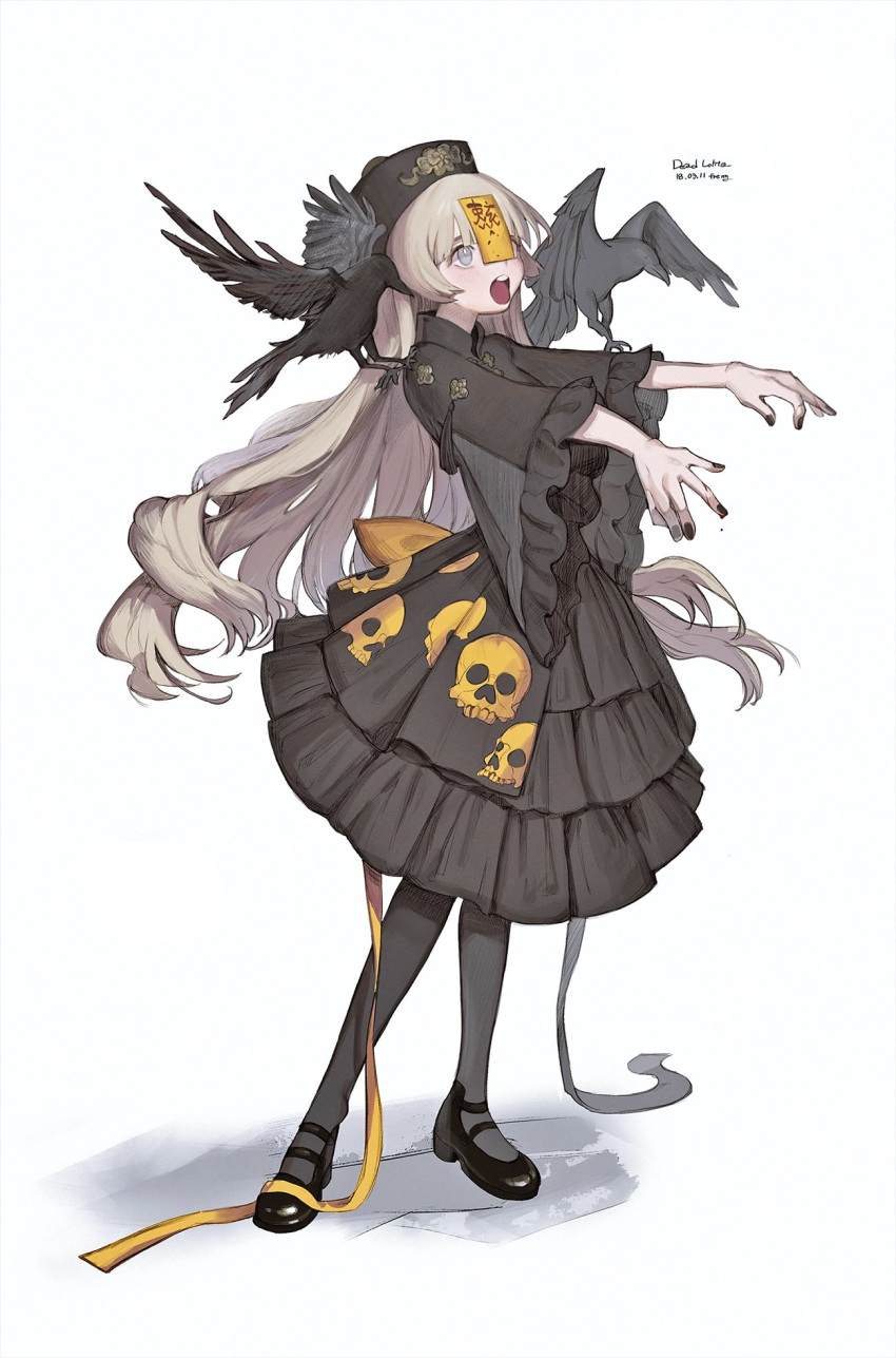 1girl bird crow dress freng gothic_lolita hat highres lolita_fashion long_hair open_mouth original outstretched_arms pantyhose white_hair wings