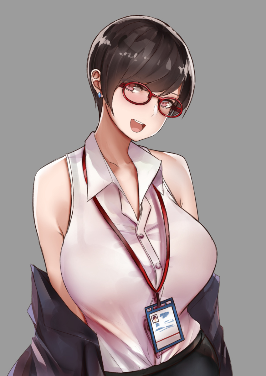 1girl :d bangs bare_shoulders black_hair black_pants breasts buttons collarbone commentary dress_shirt earrings english_commentary eyebrows_visible_through_hair eyes_visible_through_hair glasses grey_background highres id_card jewelry lanyard large_breasts looking_at_viewer norman_maggot off_shoulder office_lady ol-chan_(norman_maggot) open_mouth original pants pink_eyes pixie_cut red-framed_eyewear shiny shiny_hair shirt shirt_tucked_in short_hair simple_background sleeveless sleeveless_shirt smile solo very_short_hair wing_collar