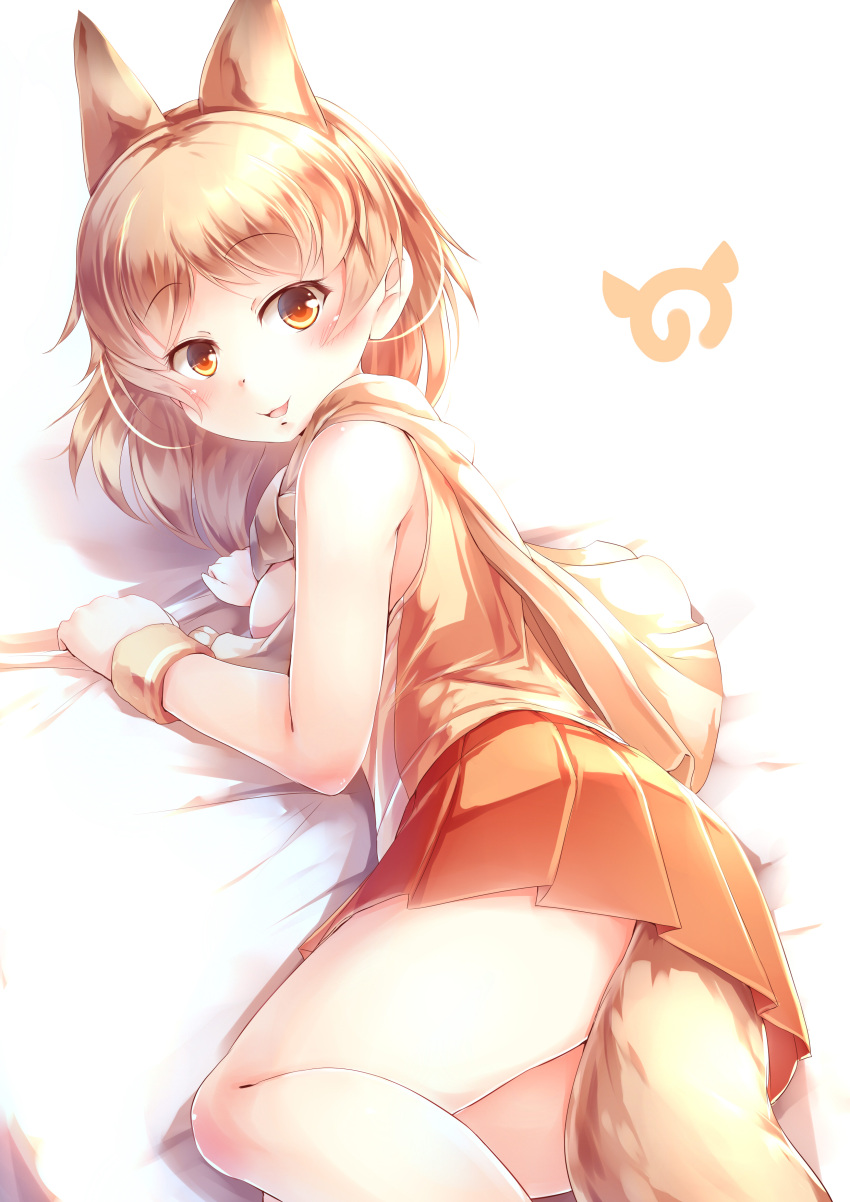 1girl :d absurdres animal_ears blonde_hair blush commentary extra_ears eyebrows_visible_through_hair fox_ears fox_tail highres japari_symbol kanzakietc kemono_friends looking_at_viewer lying open_mouth orange_eyes orange_skirt pale_fox_(kemono_friends) pleated_skirt short_hair skirt smile solo tail wristband