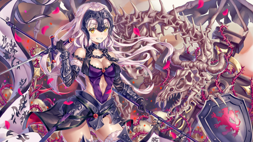 1girl adapted_costume amor armor banner black_gloves blush boots breasts chains cleavage collarbone cowboy_shot dragon eyebrows_visible_through_hair fate/grand_order fate_(series) floating_hair fur_boots gloves grin highres holding holding_sword holding_weapon jeanne_d'arc_(alter)_(fate) jeanne_d'arc_(fate)_(all) leotard long_hair looking_at_viewer medium_breasts midriff navel_cutout petals purple_leotard shield shiny shiny_skin silver_hair skeleton smile solo standing stomach sword thigh-highs thigh_boots thorns very_long_hair weapon xi_zhujia_de_rbq yellow_eyes