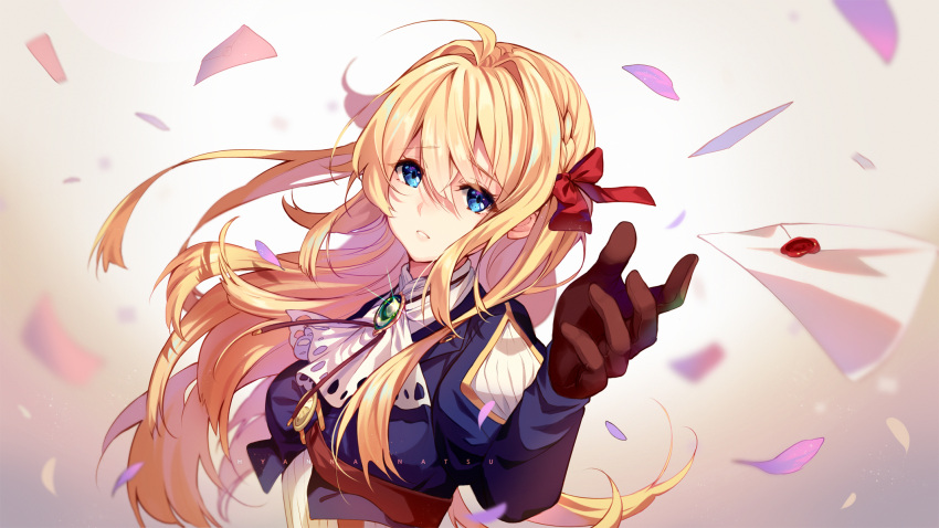 1girl ahoge artist_name ascot bangs blonde_hair blue_eyes blue_jacket braid brown_gloves cropped_jacket floating_hair gem glint gloves gradient gradient_background hair_between_eyes hair_intakes highres hyanna-natsu jacket juliet_sleeves letter long_hair long_sleeves looking_at_viewer parted_lips puffy_sleeves reaching_out side_braid solo upper_body violet_evergarden violet_evergarden_(character) white_neckwear yellow_background