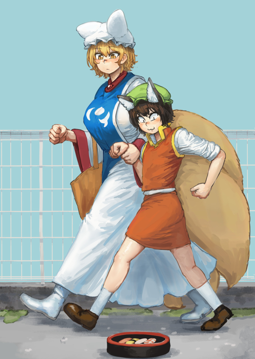 2girls :3 animal_ears bag bangs blonde_hair blue_background blush breasts brown_hair brown_shorts cat_ears chanta_(ayatakaoisii) chen clenched_hands eyebrows_visible_through_hair food fox_ears fox_tail from_side green_hat grocery_bag hat high_collar highres huge_breasts long_skirt long_sleeves looking_down mob_cap multiple_girls multiple_tails paw_pose pillow_hat red_skirt sanpaku shirt shopping_bag short_hair shorts simple_background skirt slit_pupils socks standing sushi tabard tail touhou walking white_hat white_legwear white_shirt white_skirt wide_sleeves wrist_grab yakumo_ran yellow_eyes