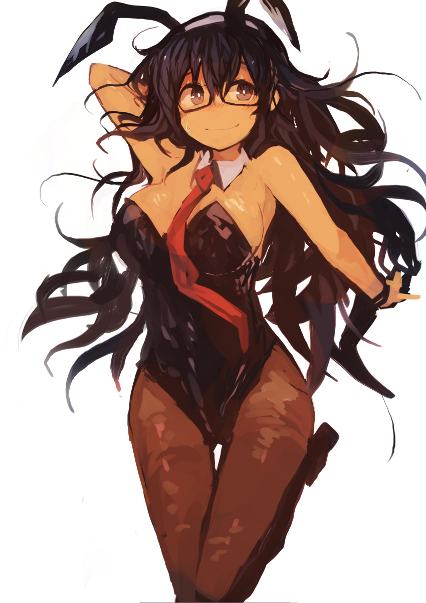 1girl absurdres animal_ears bangs black_hair black_leotard blush breasts bunnysuit closed_mouth commentary detached_collar fake_animal_ears glasses hand_behind_head highres kaamin_(mariarose753) kantai_collection large_breasts leotard long_hair messy_hair necktie ooyodo_(kantai_collection) pantyhose rabbit_ears smile standing standing_on_one_leg sweatdrop thigh_gap white_background