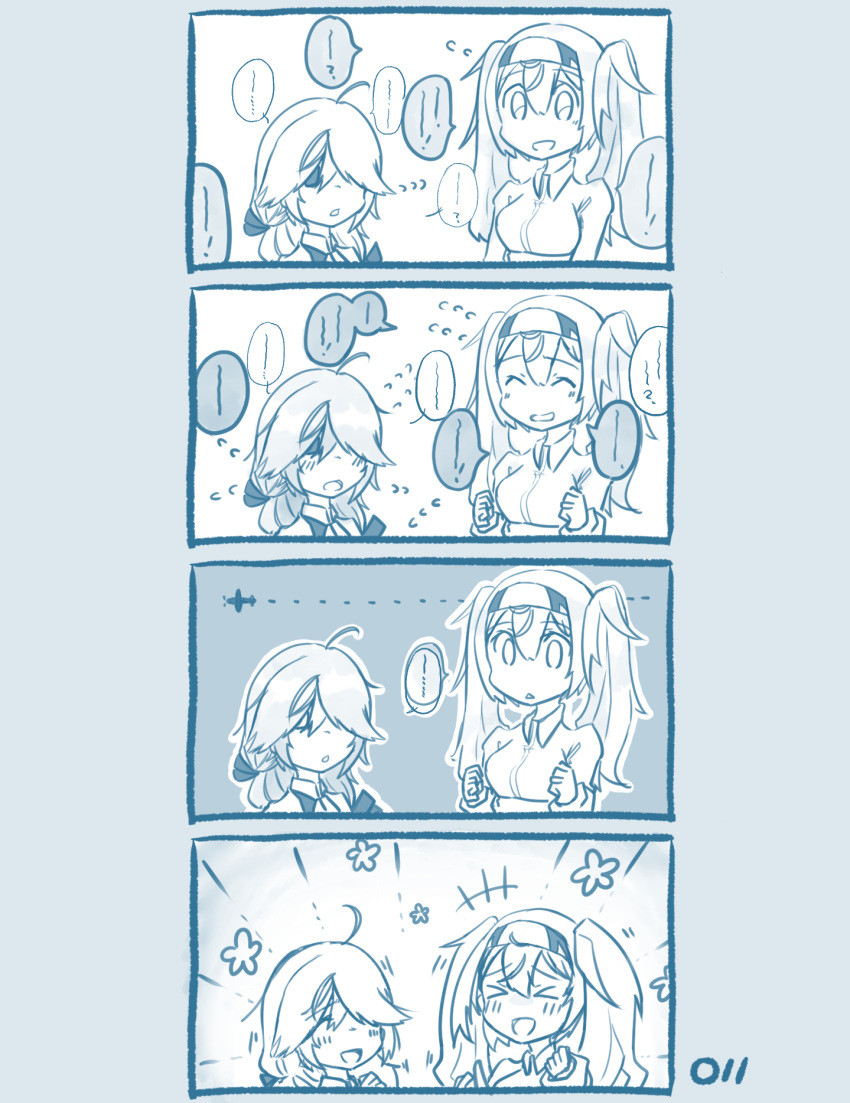 2girls ahoge comic gambier_bay_(kantai_collection) hair_over_one_eye hamanami_(kantai_collection) happy headband highres kantai_collection ma_rukan monochrome multiple_girls shy sweat sweating_profusely twintails