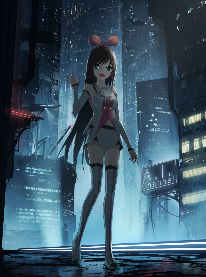 1girl :d a.i._channel absurdres asuteroid black_hair blue_eyes boots bow breasts character_name copyright_name detached_sleeves floating_hair full_body hair_bow highres kizuna_ai long_hair looking_at_viewer medium_breasts midriff night open_mouth outdoors red_bow road short_shorts shorts sleeveless smile solo standing stomach street thigh-highs thigh_boots very_long_hair virtual_youtuber white_footwear white_shorts