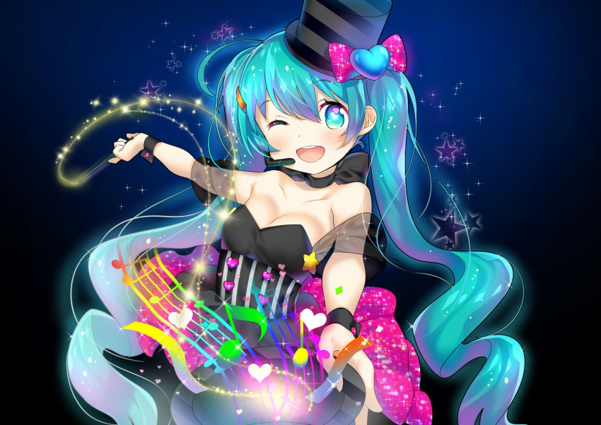 1girl ;d bare_shoulders beamed_quavers black_dress black_hat blue_eyes blue_hair blush bow breasts collarbone commentary_request crotchet dress hair_bow hat hatsune_miku head_tilt heart holding holding_hat holding_wand long_hair musical_note one_eye_closed open_mouth outstretched_arm pink_bow quaver small_breasts smile solo sparkle star suzuki_moeko top_hat twintails upper_teeth very_long_hair vocaloid wand