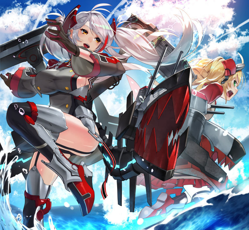 2girls :d admiral_hipper_(azur_lane) antenna_hair azur_lane bangs black_footwear black_gloves black_legwear blonde_hair blue_sky blush boots breasts brown_eyes cannon clouds cloudy_sky commentary_request day dress eyebrows_visible_through_hair garter_straps gloves green_eyes grey_dress highlights highres iron_cross large_breasts long_hair long_sleeves multicolored_hair multiple_girls ocean open_mouth outdoors prinz_eugen_(azur_lane) red_footwear redhead sideboob silver_hair sky smile standing standing_on_one_leg streaked_hair sukocchi thigh-highs thigh_boots turret twintails two_side_up upper_teeth very_long_hair water wide_sleeves