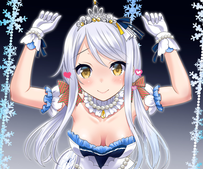 1girl blush breasts cleavage dress eve_santaclaus eyebrows_visible_through_hair gloves hair_ribbon heart idolmaster idolmaster_cinderella_girls long_hair looking_at_viewer medium_breasts neko_danshaku open_mouth ribbon smile solo tiara twintails upper_body white_dress white_gloves white_hair yellow_eyes