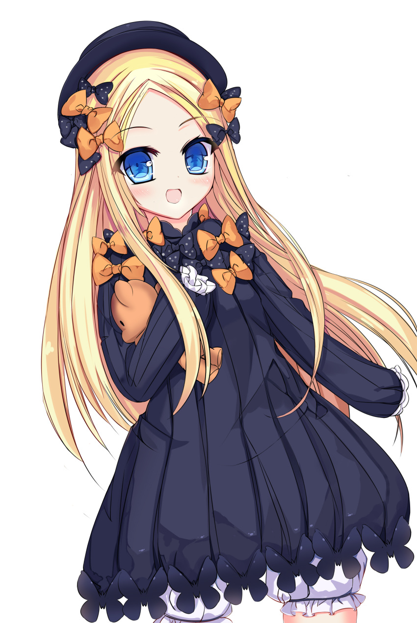 1girl :d abigail_williams_(fate/grand_order) absurdres bangs black_bow black_dress black_hat blonde_hair bloomers blue_eyes blush bow butterfly commentary_request cowboy_shot dress eyebrows_visible_through_hair fate/grand_order fate_(series) forehead hair_bow hat highres long_hair long_sleeves looking_at_viewer object_hug open_mouth orange_bow parted_bangs polka_dot polka_dot_bow simple_background sleeves_past_fingers sleeves_past_wrists smile solo stuffed_animal stuffed_toy teddy_bear underwear very_long_hair vivian_(lancerhd) white_background white_bloomers