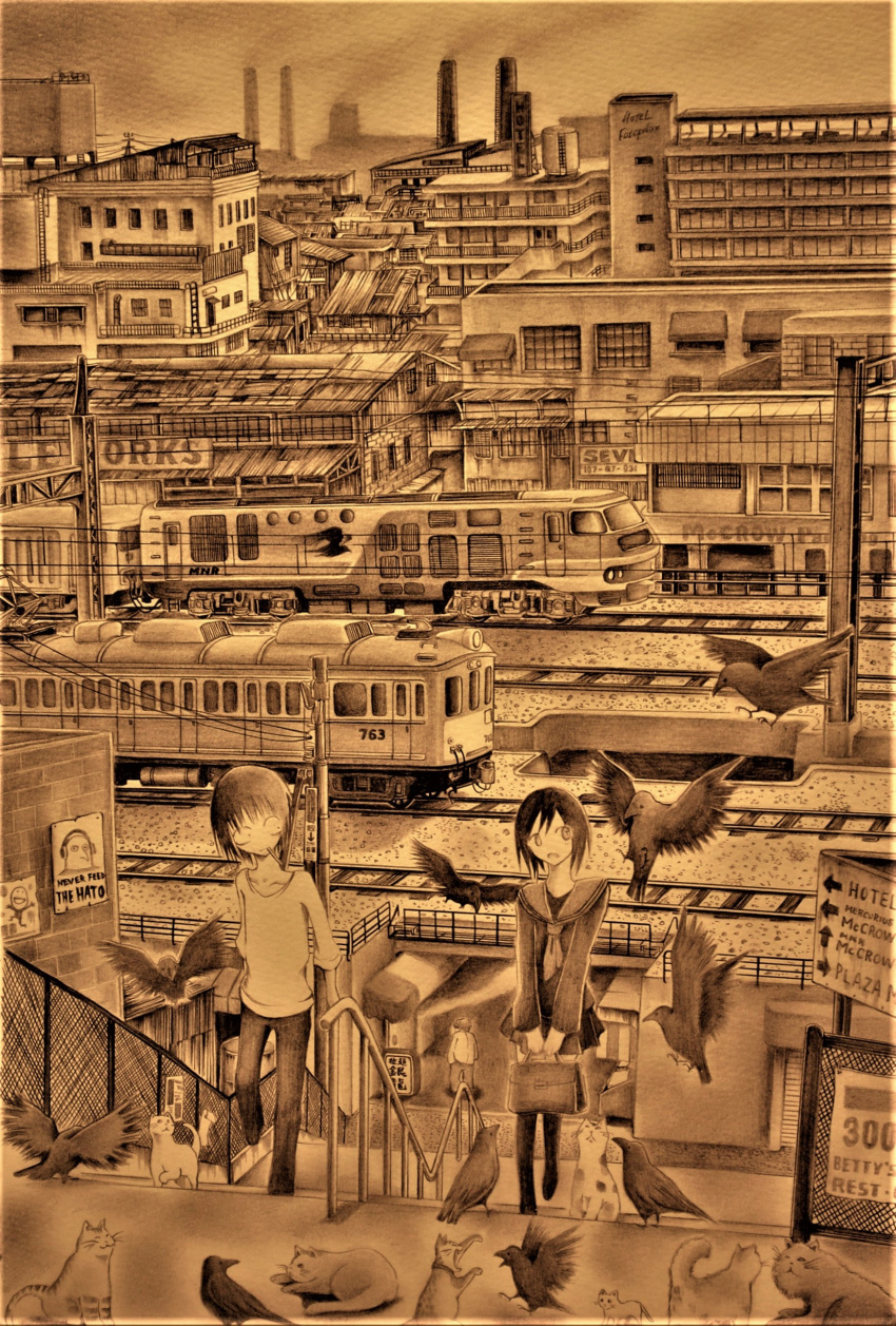1girl 2boys absurdres balcony bird brick_wall brown building cat cityscape closed_mouth collarbone commentary commentary_request crow directional_arrow door flying graphite_(medium) handrail highres holding_bag kobahiro ladder long_sleeves looking_at_another looking_away looking_down looking_to_the_side looking_up making_of mechanical_pencil miniskirt monochrome mouth_hold multiple_boys open_mouth original pants paper pencil railroad_tracks scenery school_uniform sepia serafuku shirt short_hair sign skirt sky stairs telephone_pole traditional_media walking whiskers window