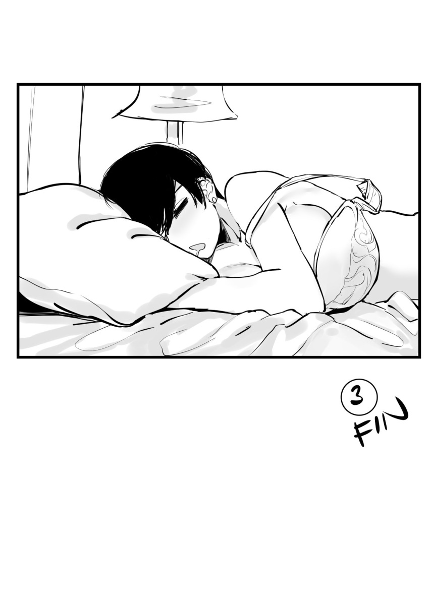 1girl 1koma bra breasts closed_eyes comic greyscale hair_over_one_eye highres lamp large_breasts monochrome norman_maggot ol-chan_(norman_maggot) on_bed original pillow short_hair sleeping solo underwear underwear_only