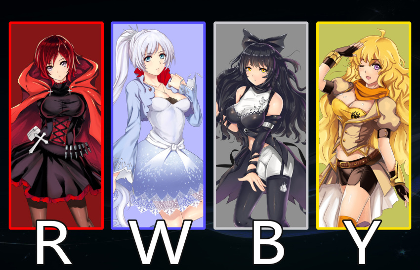 4girls ahoge alternate_breast_size arms_behind_back black_bow black_dress black_hair black_legwear blake_belladonna blonde_hair blue_dress blue_eyes boots bow breasts breasts_apart brown_legwear cape capelet cleavage collarbone contrapposto copyright_name dress eyebrows_visible_through_hair floating_hair frilled_boots frills garter_straps grey_background grey_eyes hair_bow head_tilt high_ponytail highres jewelry large_breasts long_hair looking_at_viewer medium_breasts midriff multiple_girls necklace only_haruka pantyhose parted_lips red_cape redhead ruby_rose rwby short_dress short_hair shorts silver_hair simple_background standing stomach thigh-highs very_long_hair violet_eyes weiss_schnee white_shorts yang_xiao_long yellow_eyes