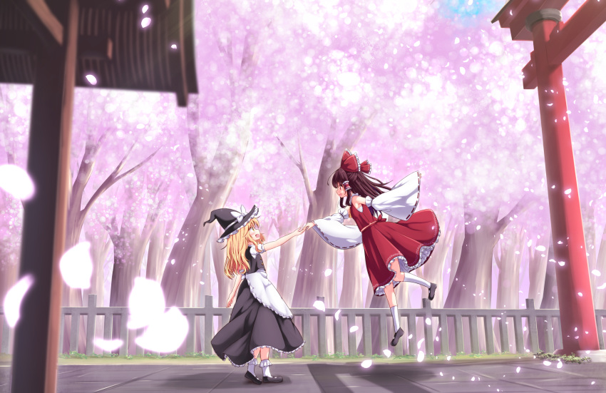 2girls apron bare_shoulders black_dress black_footwear blonde_hair blue_sky bow brown_hair cherry_blossoms commentary_request day detached_sleeves dress from_side hair_bow hair_tubes hakurei_reimu hat hat_bow highres kirisame_marisa kneehighs long_hair long_sleeves looking_at_another mary_janes multiple_girls outdoors petals petticoat profile puffy_short_sleeves puffy_sleeves railing rankasei reaching_out red_bow red_eyes red_shirt red_skirt sarashi shirt shoes short_sleeves skirt sky socks touhou tree waist_apron white_bow white_legwear wide_sleeves witch_hat yellow_eyes