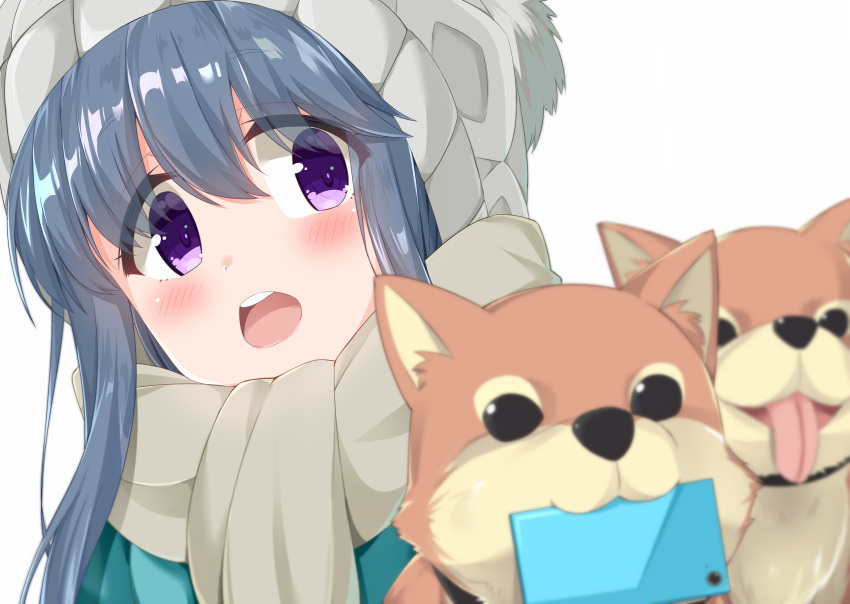 1girl animal bangs beanie blue_hair blurry blurry_foreground blush cacao_(chocolat) cellphone commentary_request depth_of_field dog eyebrows_visible_through_hair grey_scarf hair_between_eyes hat head_tilt highres long_hair mouth_hold open_mouth phone scarf shiba_inu shima_rin simple_background smartphone solo tongue tongue_out upper_teeth violet_eyes white_background white_hat yurucamp