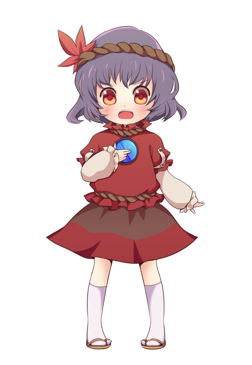 1girl blush child eyebrows_visible_through_hair full_body hand_on_own_chest highres kneehighs looking_at_viewer open_mouth purple_hair red_eyes sandals short_hair simple_background sleeves_past_wrists solo tatuhiro touhou white_background white_legwear yasaka_kanako