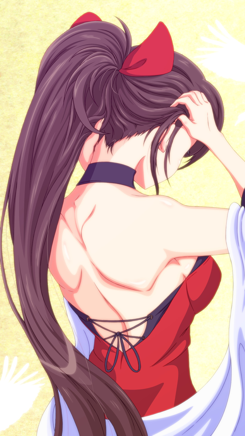 absurdres arms_up azur_lane bare_shoulders bow breasts brown_hair choker dress from_behind hair_bow hair_ornament hand_in_hair highres japanese_clothes large_breasts long_hair nape nukomen ponytail red_dress shawl shoulder_blades very_long_hair zuikaku_(azur_lane)