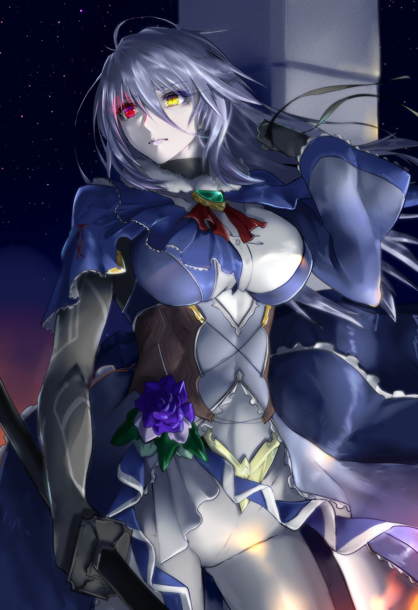 1girl absurdres black_gloves breasts closed_mouth commentary_request contrapposto cowboy_shot eyebrows_visible_through_hair gem gloves glowing glowing_eyes grey_hair hair_between_eyes hand_up heterochromia highres holding holding_weapon large_breasts legs_apart minarai_tenna neck_ribbon night night_sky original outdoors pale_skin pants pillar purple_lips red_eyes ribbon serious sky slit_pupils solo standing star_(sky) starry_sky weapon yellow_eyes