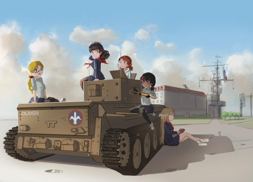 black_eyes black_hair blonde_hair blue_eyes brown_eyes brown_hair building caterpillar_tracks clouds cromwell_(tank) day glasses ground_vehicle long_hair military military_vehicle motor_vehicle original ponytail school_uniform short_hair short_twintails skirt sky smile sneak tank toorops twintails