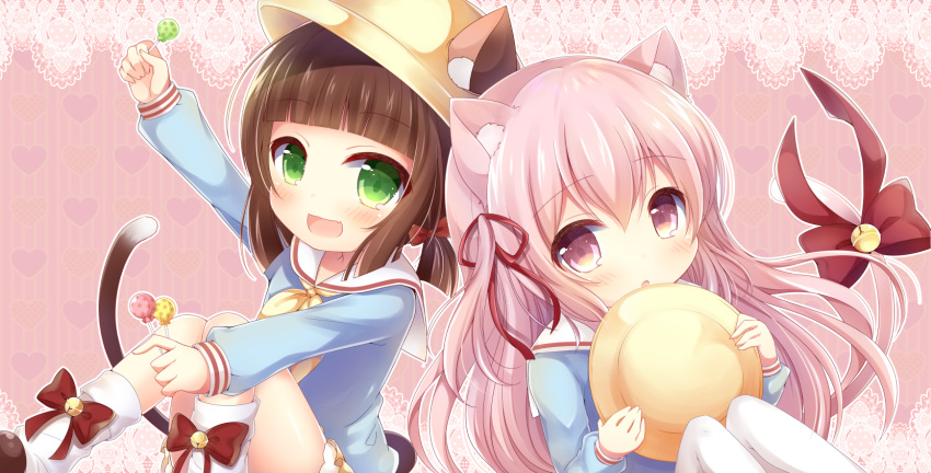 2girls :d :o animal_ears arm_up azur_lane bangs bell blue_shirt blunt_bangs blush bow brown_hair candy cat_ears cat_girl cat_tail commentary_request ears_through_headwear eyebrows_visible_through_hair fang fingernails food green_eyes hair_between_eyes hair_bow hair_ribbon hat hat_removed headwear_removed heart heart_background highres holding holding_hat holding_lollipop jingle_bell kindergarten_uniform kisaragi_(azur_lane) lace_border lollipop long_hair long_sleeves looking_at_viewer loose_socks low_twintails multiple_girls mutsuki_(azur_lane) one_side_up open_mouth pantyhose parted_lips pink_eyes pink_hair red_bow red_ribbon ribbon sailor_collar school_hat shirt short_twintails smile socks striped tail tail_bell tail_bow twintails vertical-striped_background vertical_stripes very_long_hair white_legwear white_sailor_collar yellow_hat yukiyuki_441