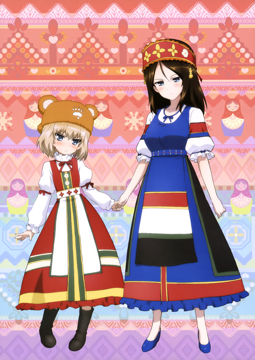 2girls absurdres angry bangs bear_hat black_footwear black_hair blonde_hair blue_dress blue_eyes blue_footwear blush boots brown_hair brown_hat closed_mouth dress eyebrows_visible_through_hair flats frilled_dress frilled_sleeves frills frown girls_und_panzer hand_holding hat headband highres katyusha long_dress long_hair long_sleeves looking_at_viewer matryoshka_doll multicolored multicolored_background multicolored_clothes multicolored_dress multiple_girls nonna official_art paw_print red_dress red_hat russian_clothes shoes short_hair short_sleeves smile standing sweatdrop swept_bangs v-shaped_eyebrows