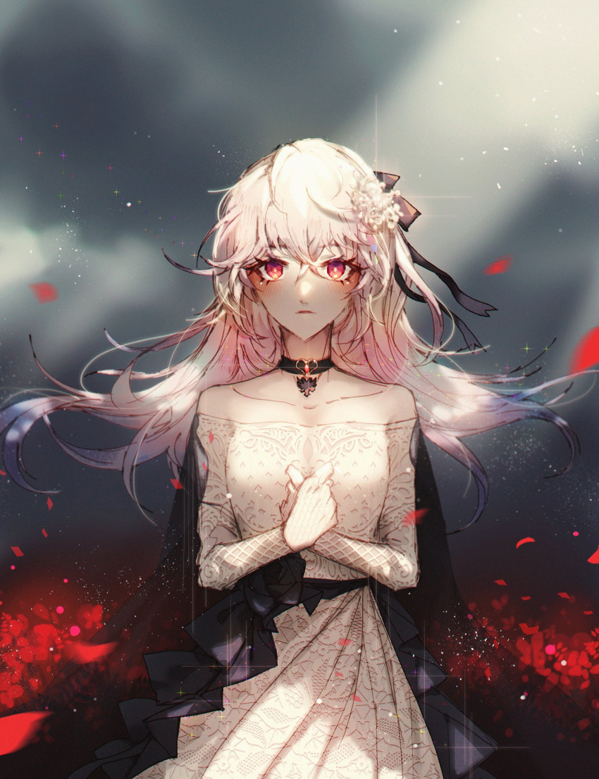 1girl bangs bare_shoulders black_ribbon blush breasts choker collarbone commentary_request dress eyebrows_visible_through_hair floating_hair flower girls_frontline hair_between_eyes hair_flower hair_ornament hair_ribbon hairclip hands_together highres iws-2000_(girls_frontline) layered_dress light_particles long_hair looking_at_viewer medium_breasts messy_hair pelts predict red_eyes ribbon sidelocks silver_hair solo wedding_dress wind